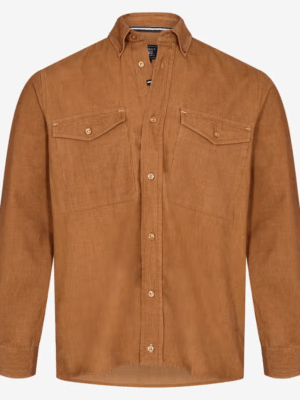 Een 100% katoenen bruin corduroy (geribbeld) overhemd met knoopsluiting en twee borstzakken.