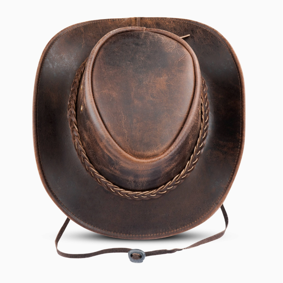 HADZAM Cowboyhoed Bovenkant Bovenaanzicht van HADZAM bruine leren outback cowboyhoed