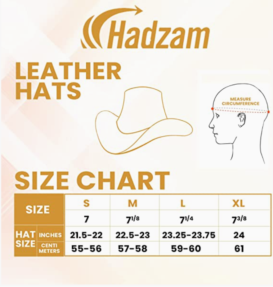 Maattabel van HADZAM bruine leren cowboyhoed