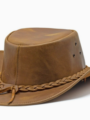 HADZAM bruine leren cowboyhoed van achter bekeken