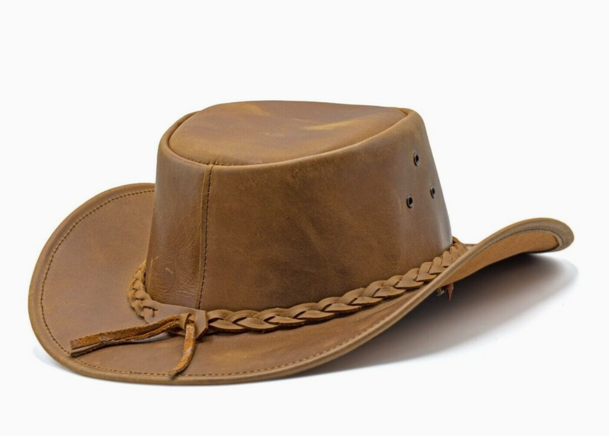 HADZAM bruine leren cowboyhoed van achter bekeken